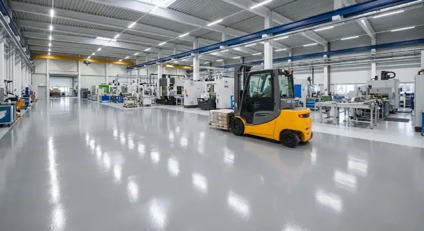 نمای کلی یک سالن تولید با اجرای کفپوش اپوکسی صنعتی مقاوم در برابر ترافیک سنگین