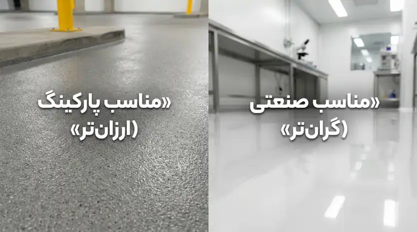 مقایسه بافت اپوکسی پوست پرتقالی پارکینگ با اپوکسی صنعتی صاف